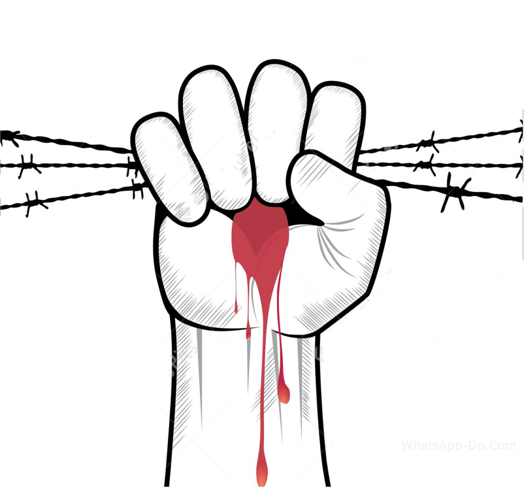 Clenched fist hand in blood with barbed wire vector