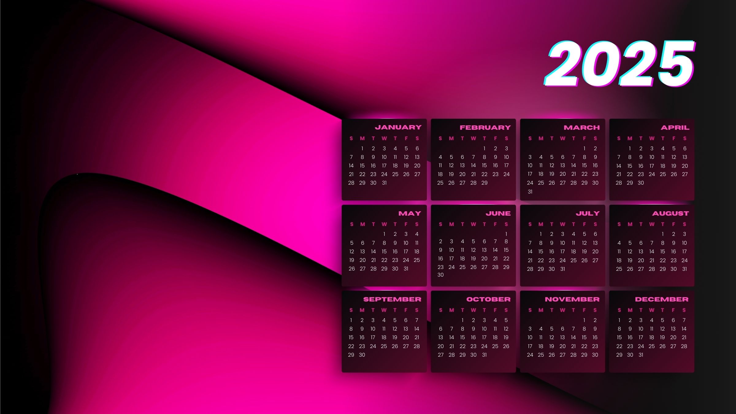 Modern abstract dark pink 2025 calander desktop wallpaper (1)