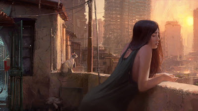 Girl standing on the balcony, cats, city, sunset

 + Download Wallpapers