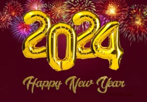 Golden text happy new year and metallic gold foil 2024 balloons with Firework background