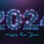 Happy new year 2024 greeting card low poly style design numbers from a polygonal wireframe mesh abstract illustration on dark background vector