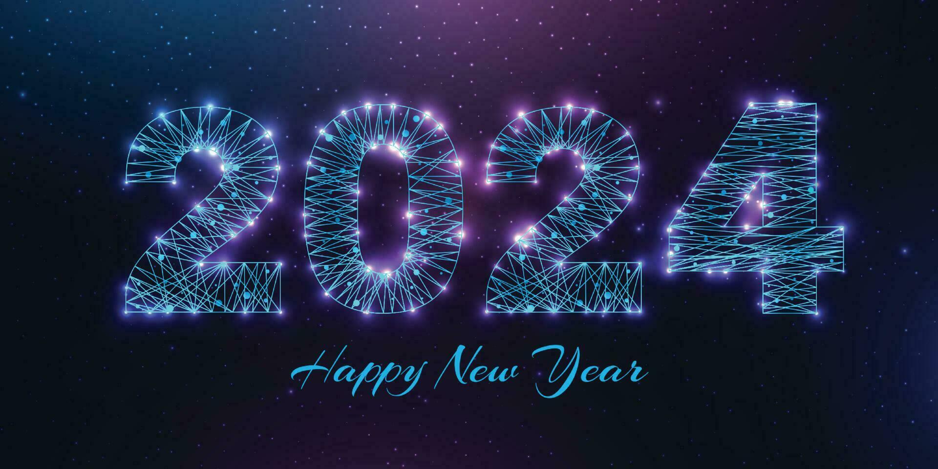 Happy new year 2024 greeting card low poly style design numbers from a polygonal wireframe mesh abstract illustration on dark background vector