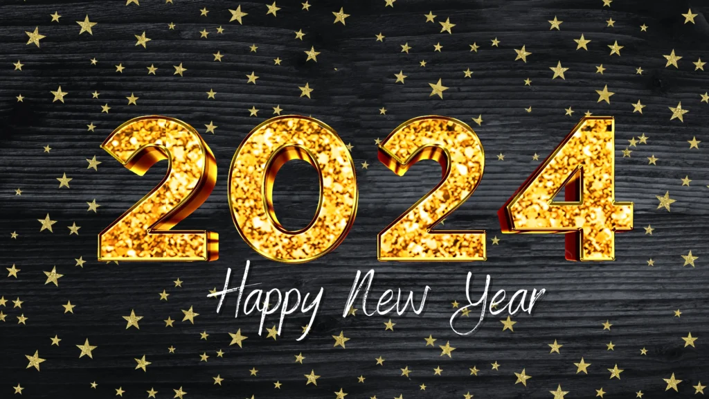 Happy new year 2024 illustration with number and gold star on black background. vector christmas holiday season design for flyer, greeting card, banner, celebration poster, party invitation or calendar. 