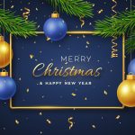 Christmas background with hanging golden and blue balls vector
