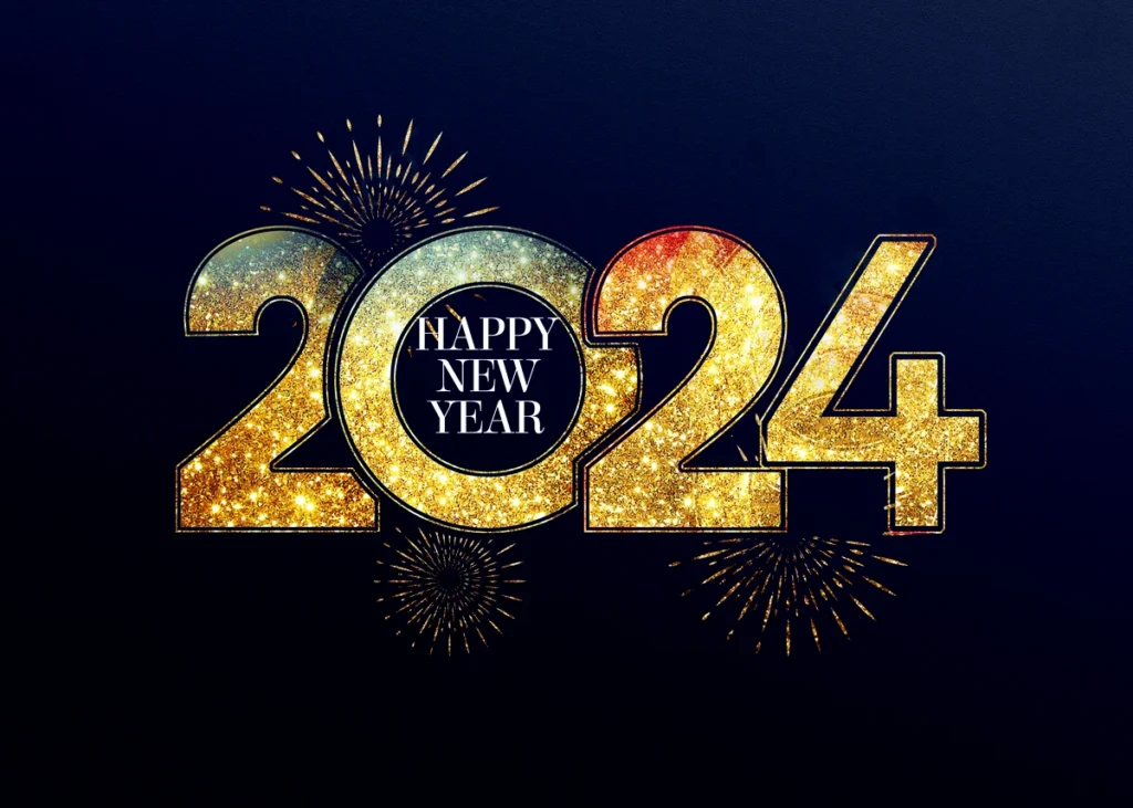 2024 gold foil art word fireworks new year festival background