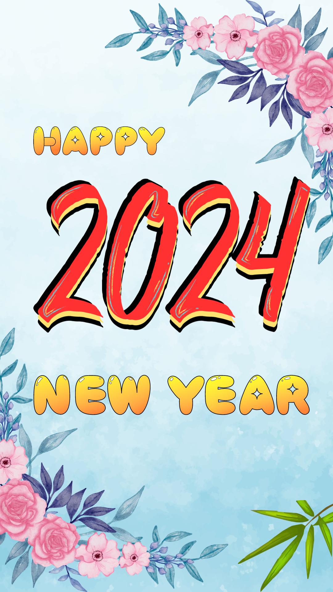 Happy 2024 New year - Blue Flower Watercolor Background phone wallpaper(1080 × 1920 px)