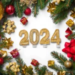 Happy New Year 2024 greeting card. Candle numbers on white background and layout of Christmas tree balls gifts