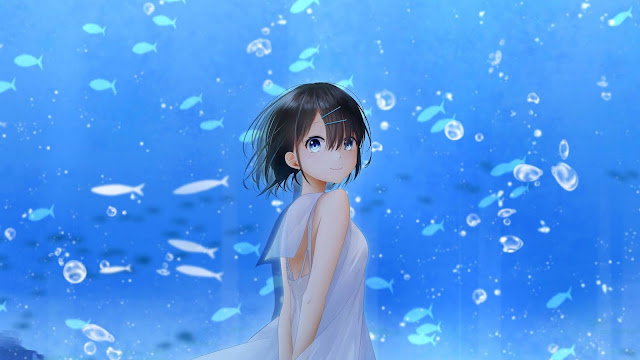 Wallpaper girl, aquarium fish, cute smile, anime+ Wallpapers Download