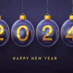 happy new 2024 year hanging golden metallic numbers 2024 with shining snowflake and confetti on green background new year greeting card or banner template holiday decoration illustration vector