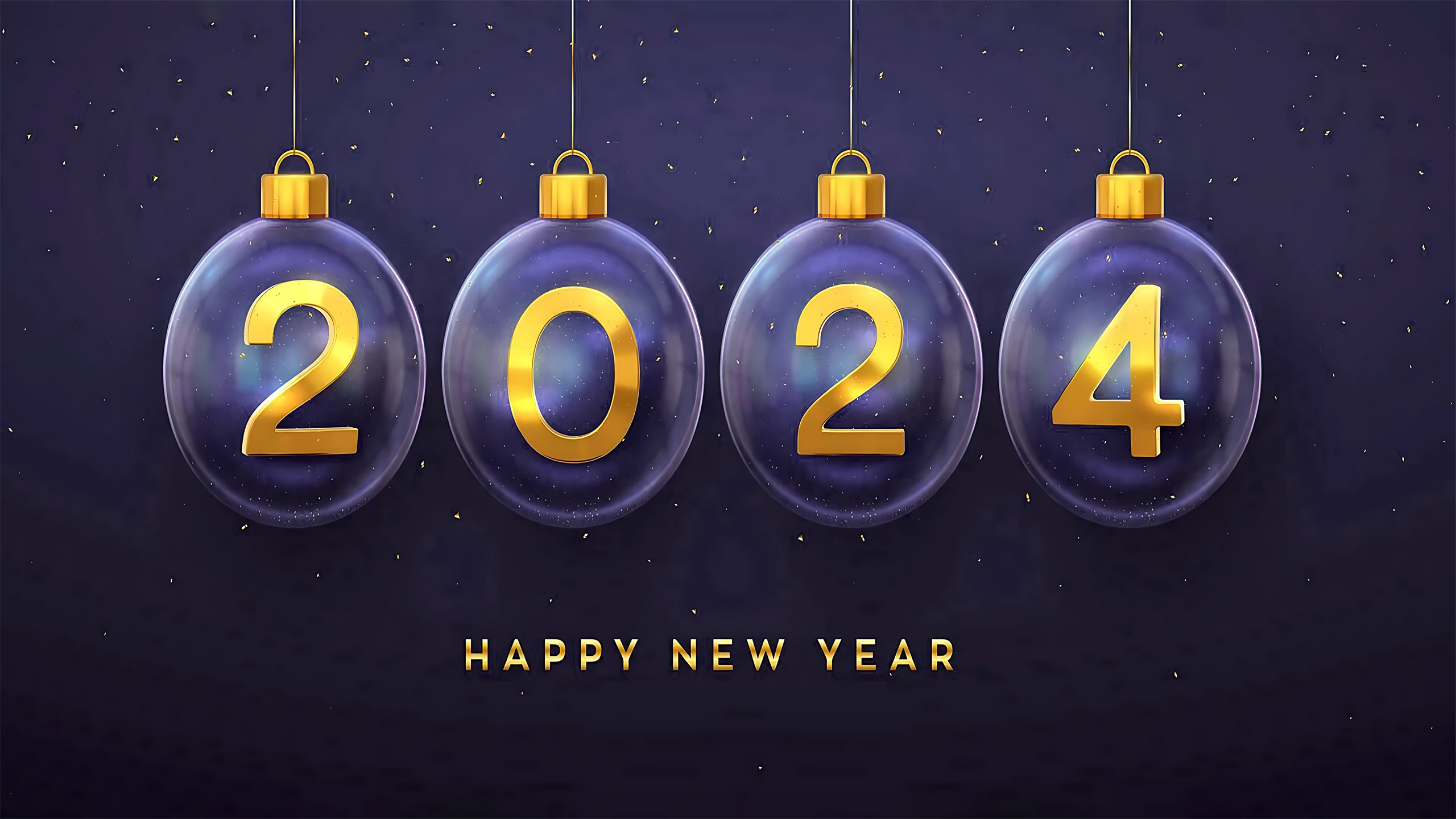 happy new 2024 year hanging golden metallic numbers 2024 with shining snowflake and confetti on green background new year greeting card or banner template holiday decoration illustration vector