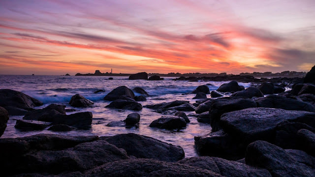 Beach wallpaper, sunset, rocks, sea, twilight+ Wallpapers Download