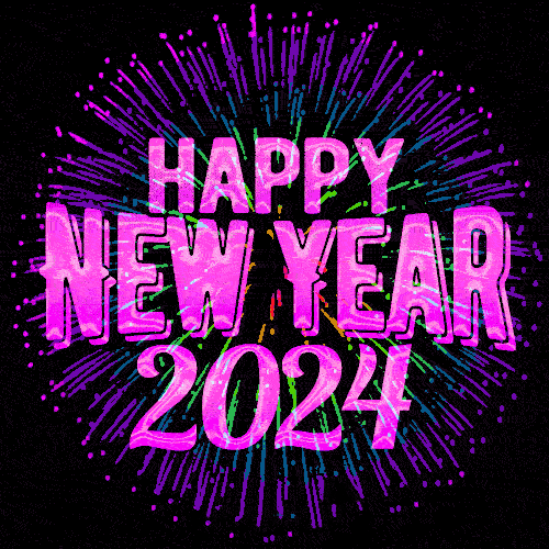 Bursting with colors happy new year 2024 gif image. rainbow fireworks and pink text.