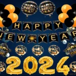 Happy New Year 2024 background with realistic golden balloons