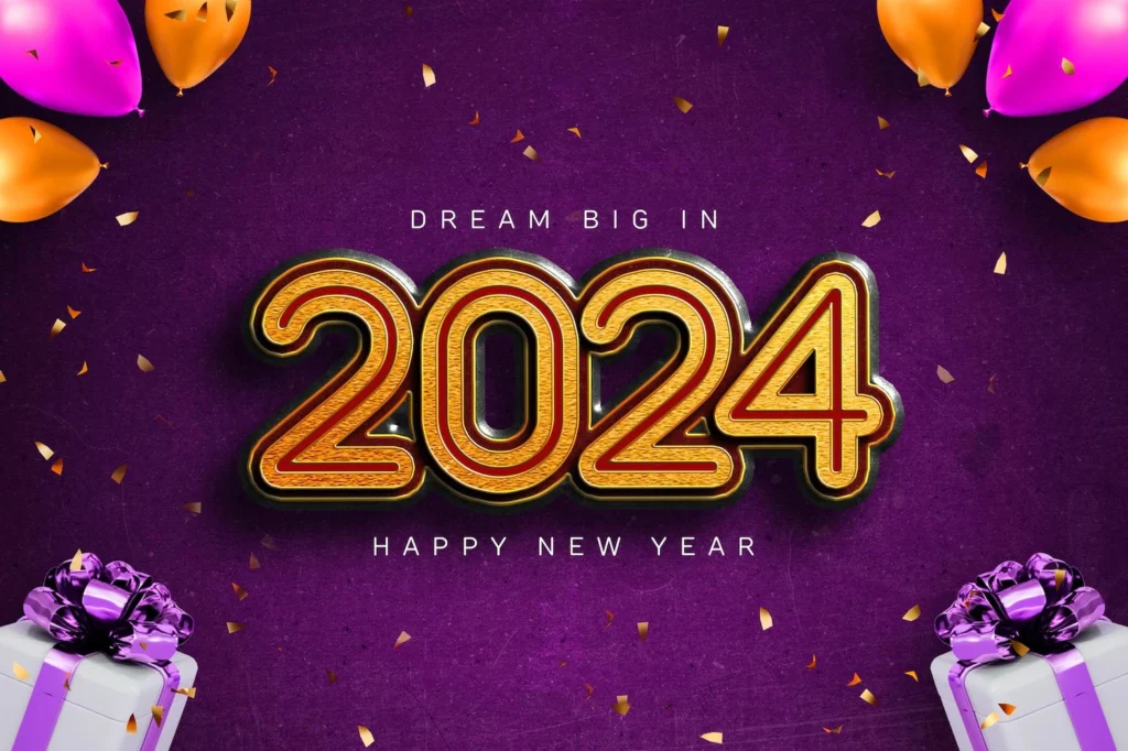Happy new year 2024 banner with realistic 3d balloons golden text background