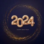 happy new 2024 year golden balloon numbers 2024 on shimmering background high detailed 3d realistic gold foil helium balloons bursting backdrop with glitters festive banner illustration vector