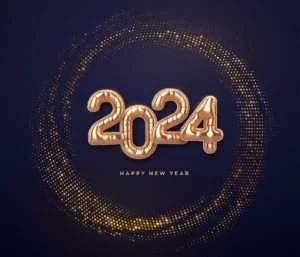 happy new 2024 year golden balloon numbers 2024 on shimmering background high detailed 3d realistic gold foil helium balloons bursting backdrop with glitters festive banner illustration vector