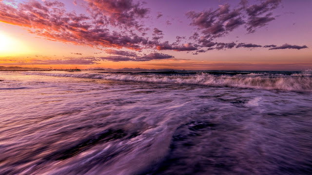 Wallpaper PC Waves, Sea, Sunset, Pink Sky, Horizon+ Wallpapers Download