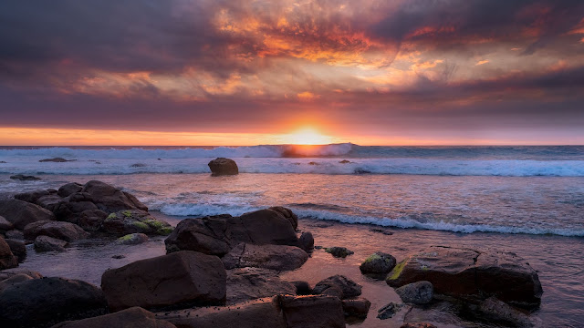 Wallpaper Sunset, Beach, Horizon, Sea, Rocks, Twilight, Sky+ Wallpapers Download