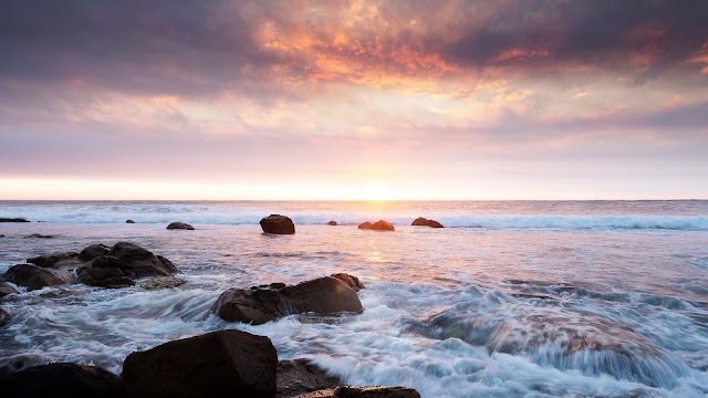 Wallpaper Sunset, Sea, Waves, Stones, Backdrop+ Wallpapers Download