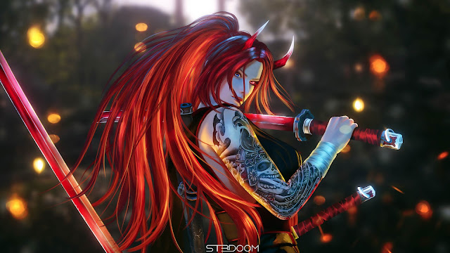 Red haired samurai girl wallpaper on phone+ Wallpapers Download