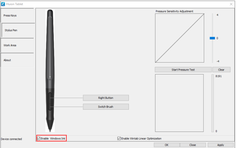 You can make the pen pressure work again by changing the settings in the Huion software
