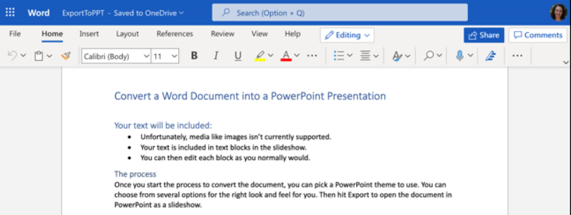 Converting Word Document to PowerPoint Presentation
