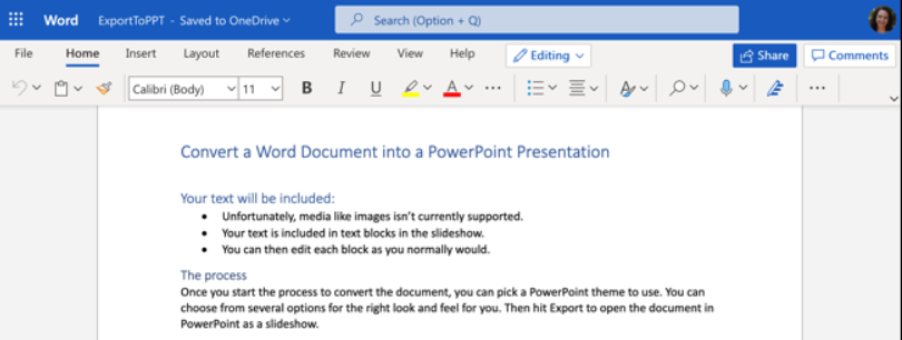 Converting word document to powerpoint presentation