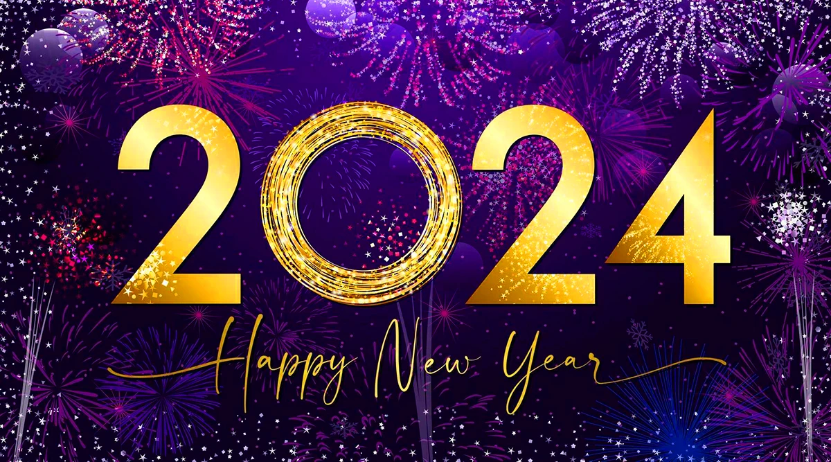 Golden shiny number 2024 and handwritten style text. A Happy New year greeting card concept with glittering background. Christmas night eve celebrating poster
