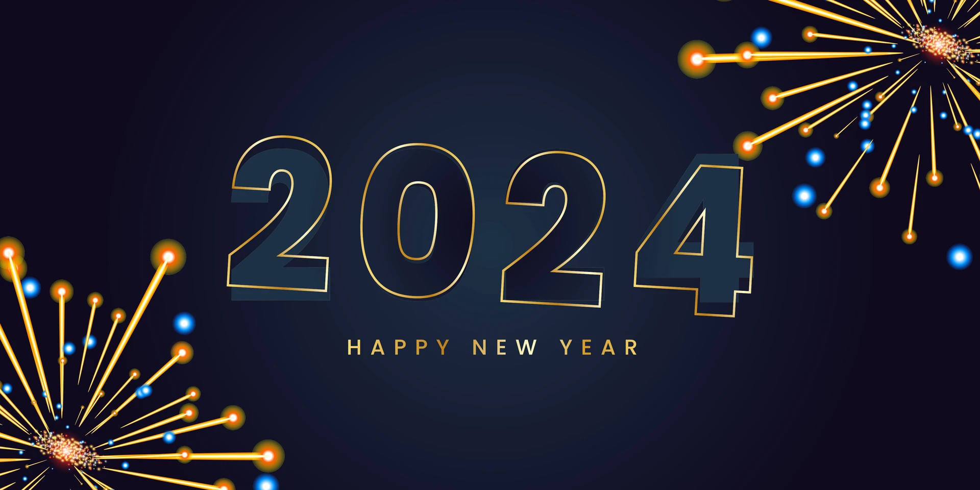 Happy new year 2024 with shiny gold numbers. Shiny gold 2024 new year greetings on black background