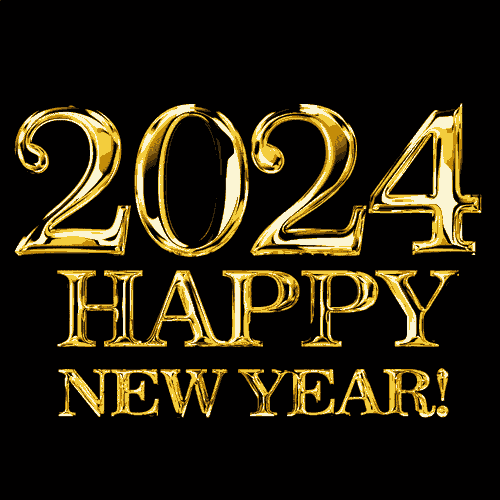 Animated gif greetings happy new year 2024 black bg and gold text