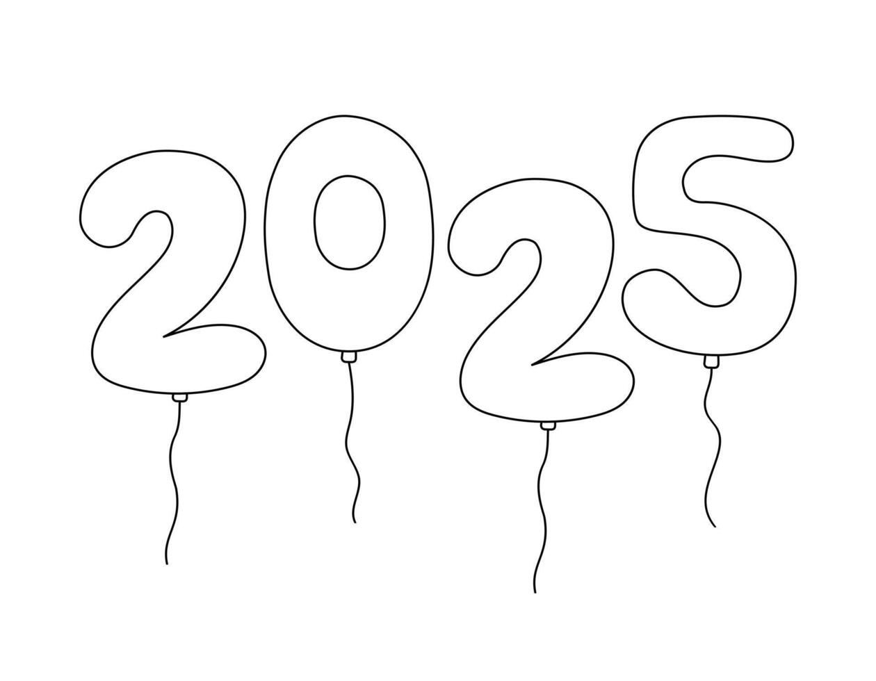 2025 balloons numbers doodles outline helium balloons on white background black and white illustration 2025 numbers fun simple hand drawn design vector