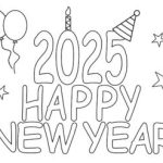 Big happy new year 2025 title outline with balloons coloring page