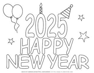 Big happy new year 2025 title outline with balloons coloring page 320x247