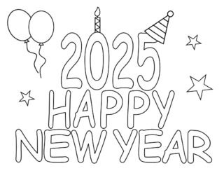 Big happy new year 2025 title outline with balloons coloring page