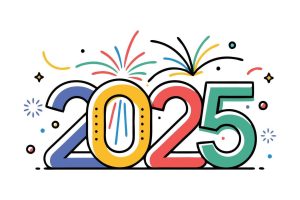 Happy new year 2025 colorful doodle with outline flat illustration free vector