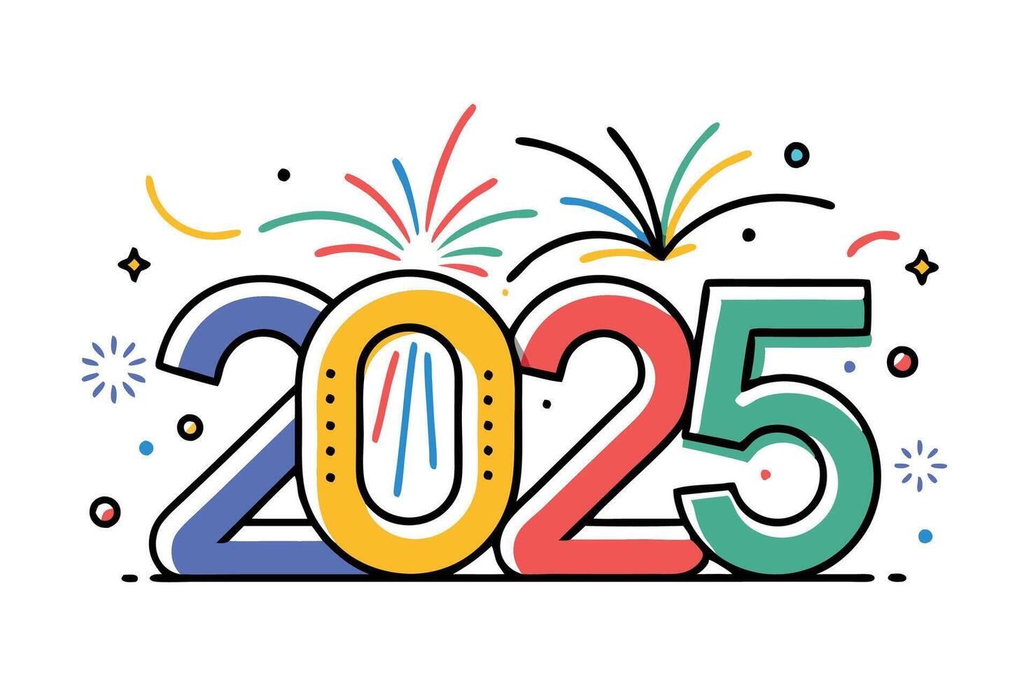 Happy new year 2025 colorful doodle with outline flat illustration free vector