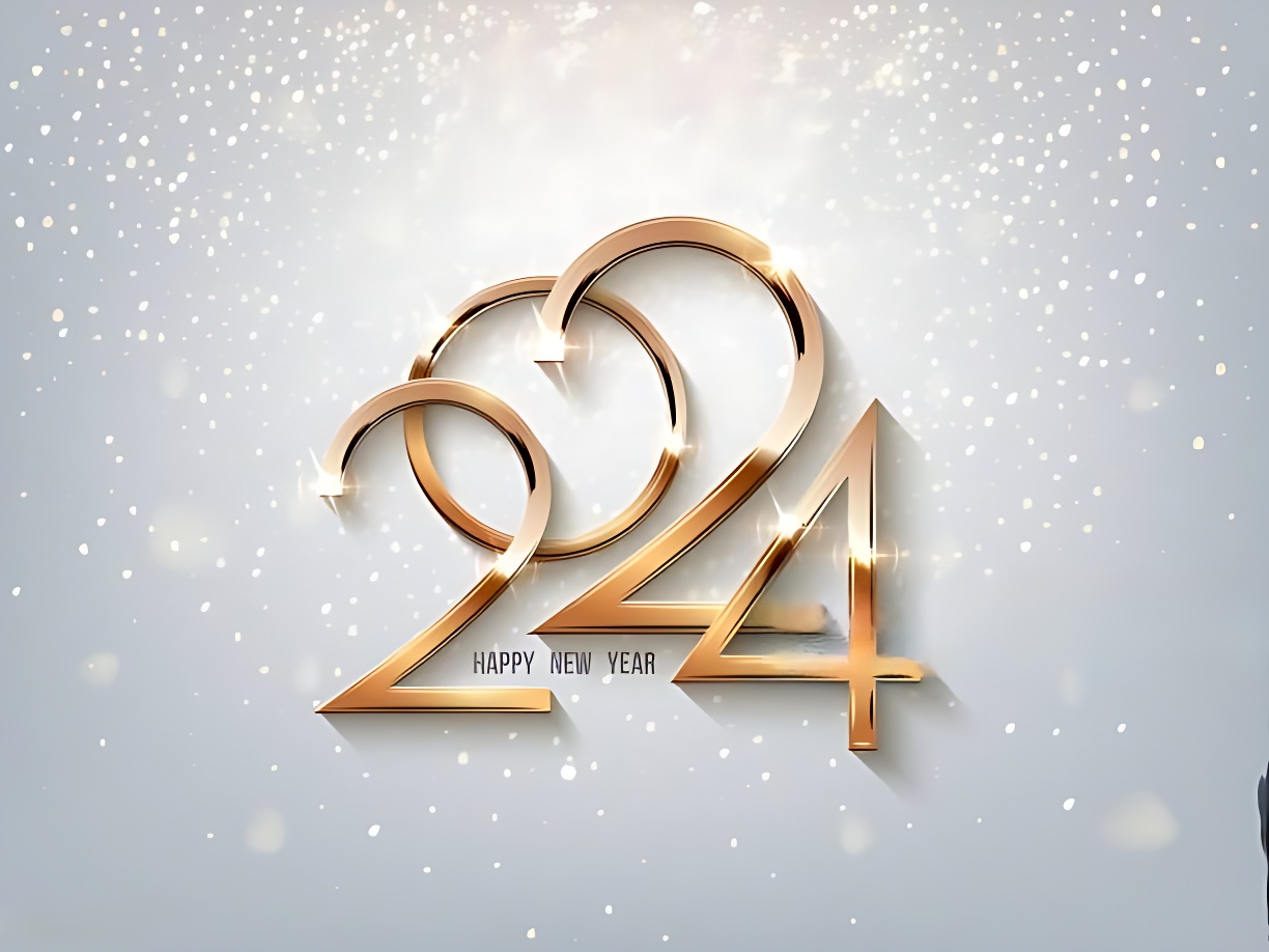 2024 happy new year clock countdown background gold glitter shining in light with sparkles abstract celebration greeting festive card