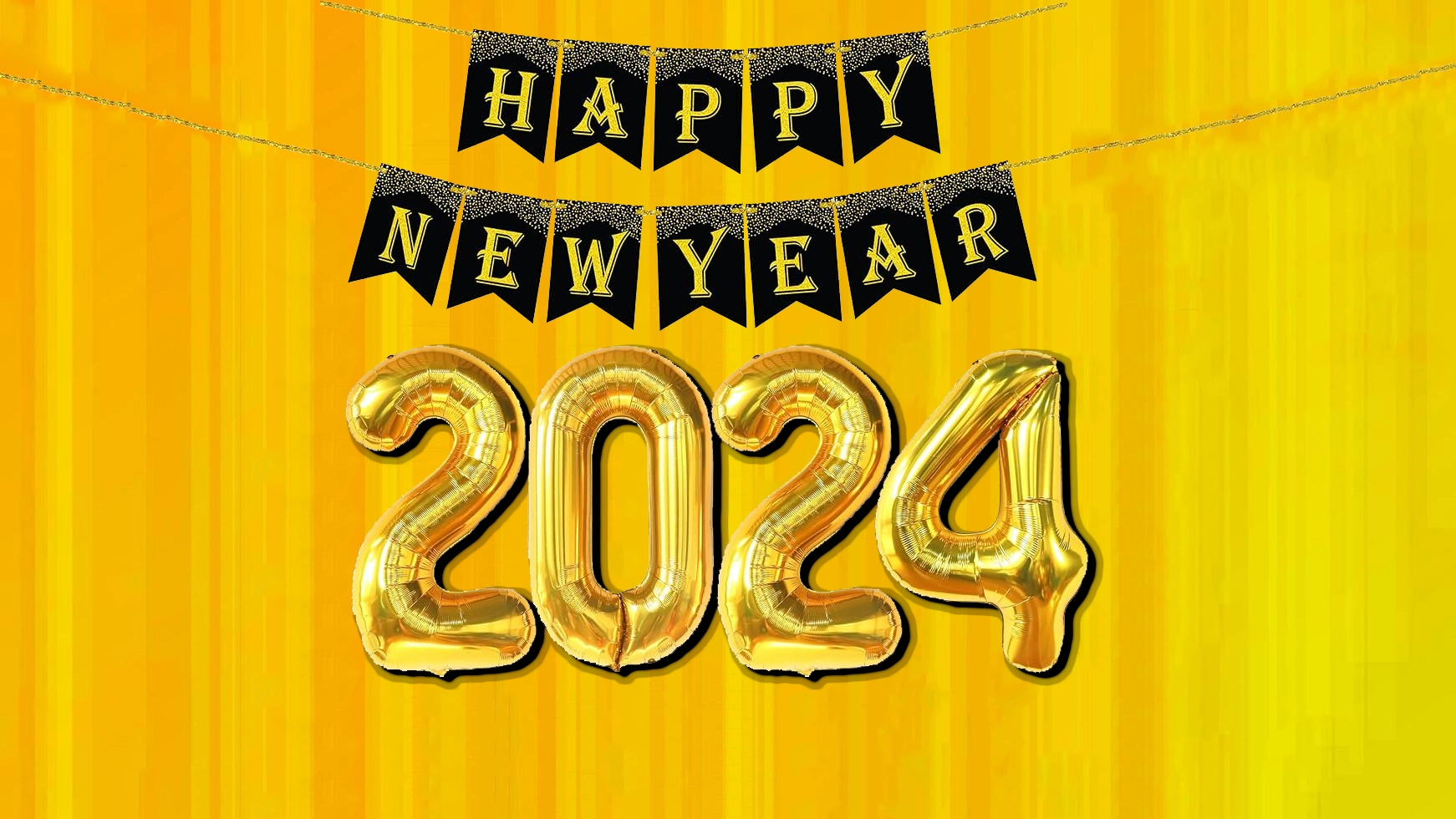 Happy New Year 2024 golden balloon on yellow background Wallpaper Download