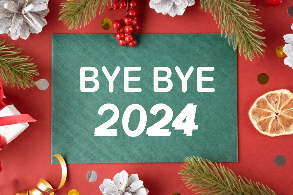 Bye bye 2024 text on green new year card on red background with new year attributes