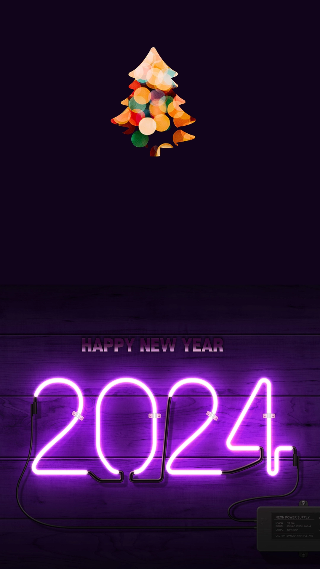 Happy New Year 2024 Neon Light Christmas Tree HD Mobile Wallpaper