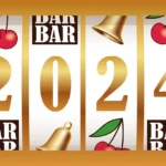 Year 2024 sign shown slot machine reels celebrating new year image