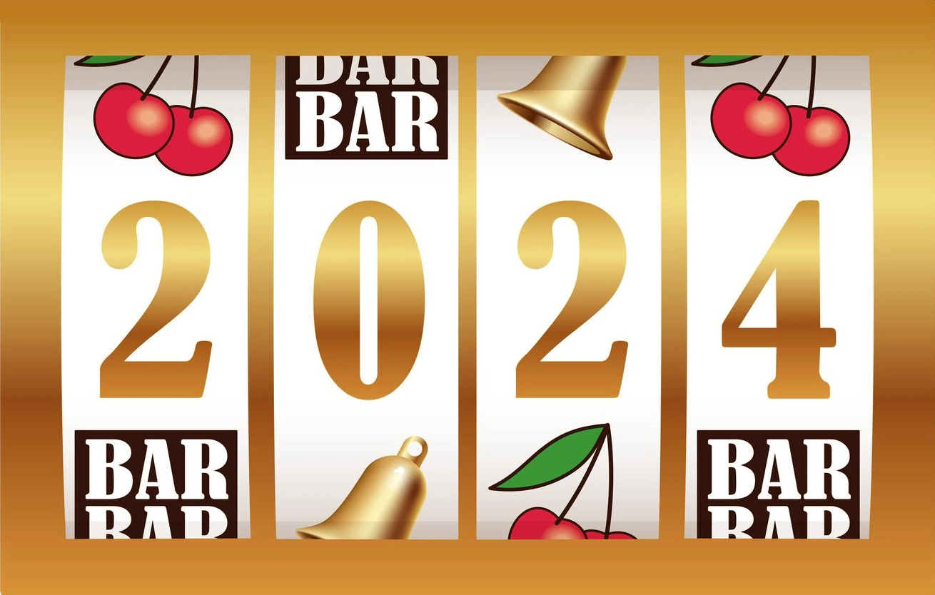 Year 2024 sign shown slot machine reels celebrating new year image