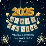 Dark blue and gold illustrative festive happy new year 2025 winter holiday greeting image