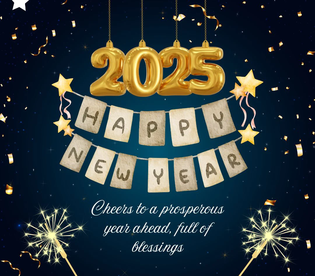 Dark blue and gold illustrative festive happy new year 2025 winter holiday greeting image