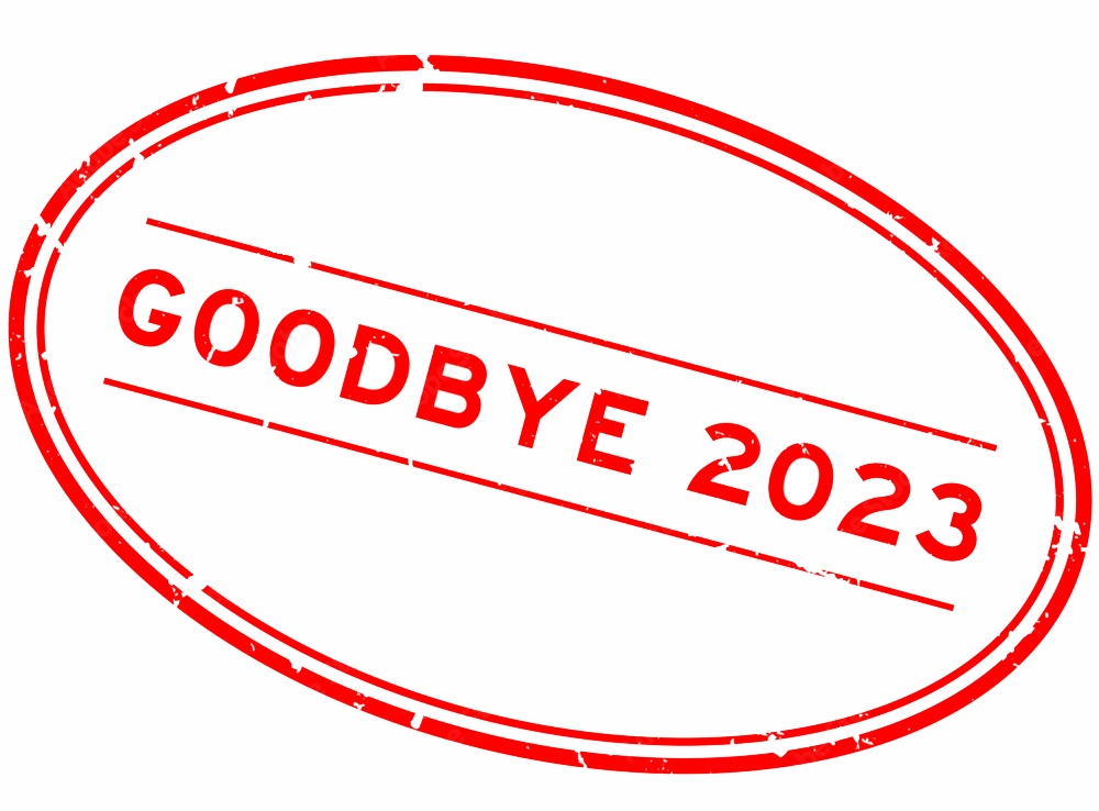 Grunge red goodbye 2023 word oval rubber seal stamp on white background