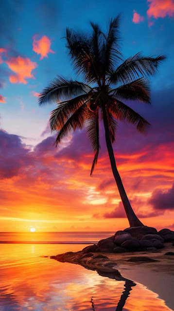 Sunset beach palm tree water reflection iphone wallpaper.jpg
