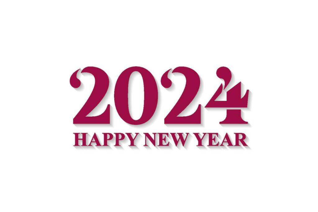Happy new year 2024 with red heart 3d numbers for poster calendar free vector