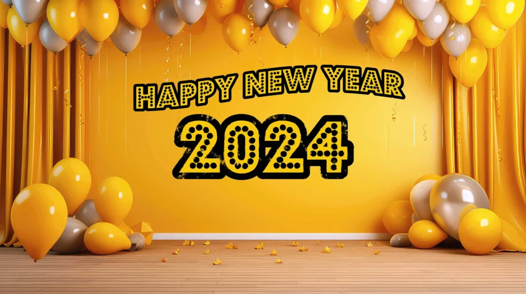 Happy new year 2024 yellow background and balloon