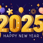 Happy new year 2025 celebration with bold gold letters balloons confetti fireworks