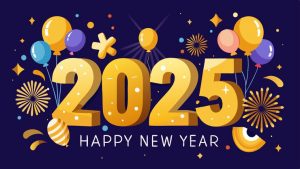 Happy new year 2025 celebration with bold gold letters balloons confetti fireworks